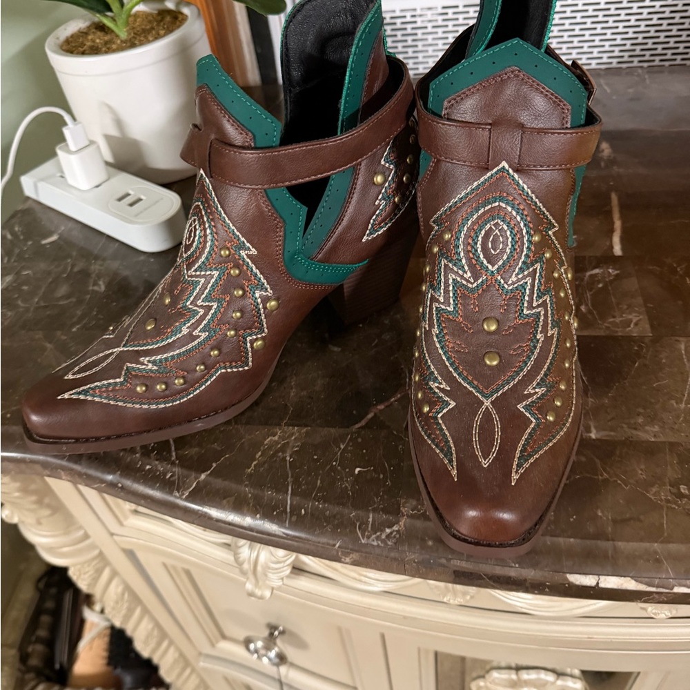 Brown and Green Embroidered Ankle Boots